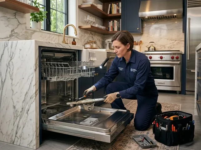 Appliance Repair Hero technician servicing a built-in dishwasher in a Betterton, MD kitchen