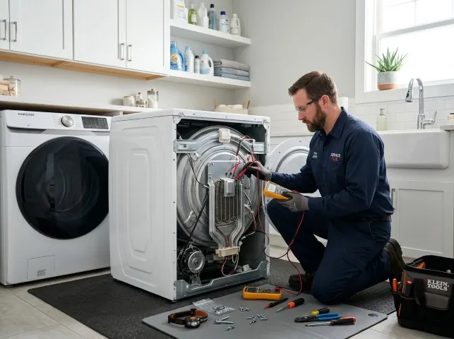 Appliance Repair Hero technician checking a dryer heating element with the rear panel off in Betterton, MD