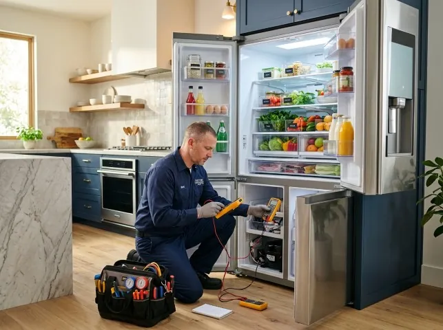 Appliance Repair Hero refrigerator technician testing a fridge on a Betterton, MD service call