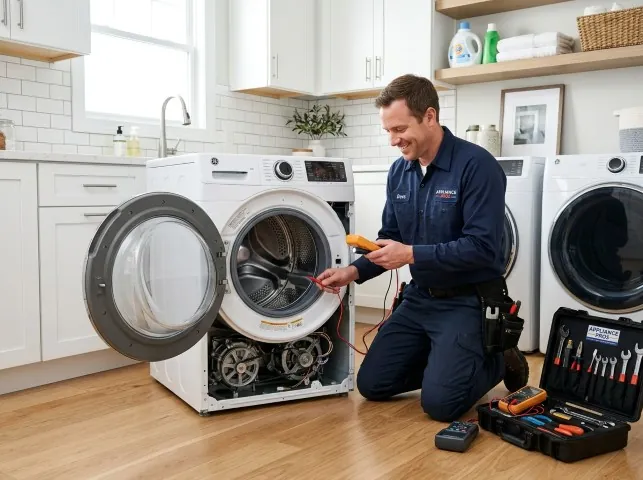 Appliance Repair Hero technician testing a front-load washer with a multimeter on a Betterton, MD service call
